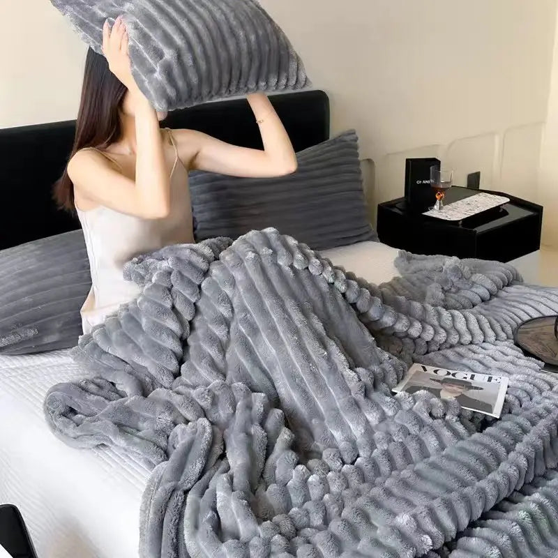 Faux Rabbit Fur Striped Blanket – Soft, Warm & Thick Throw for Bed, Sofa & Travel