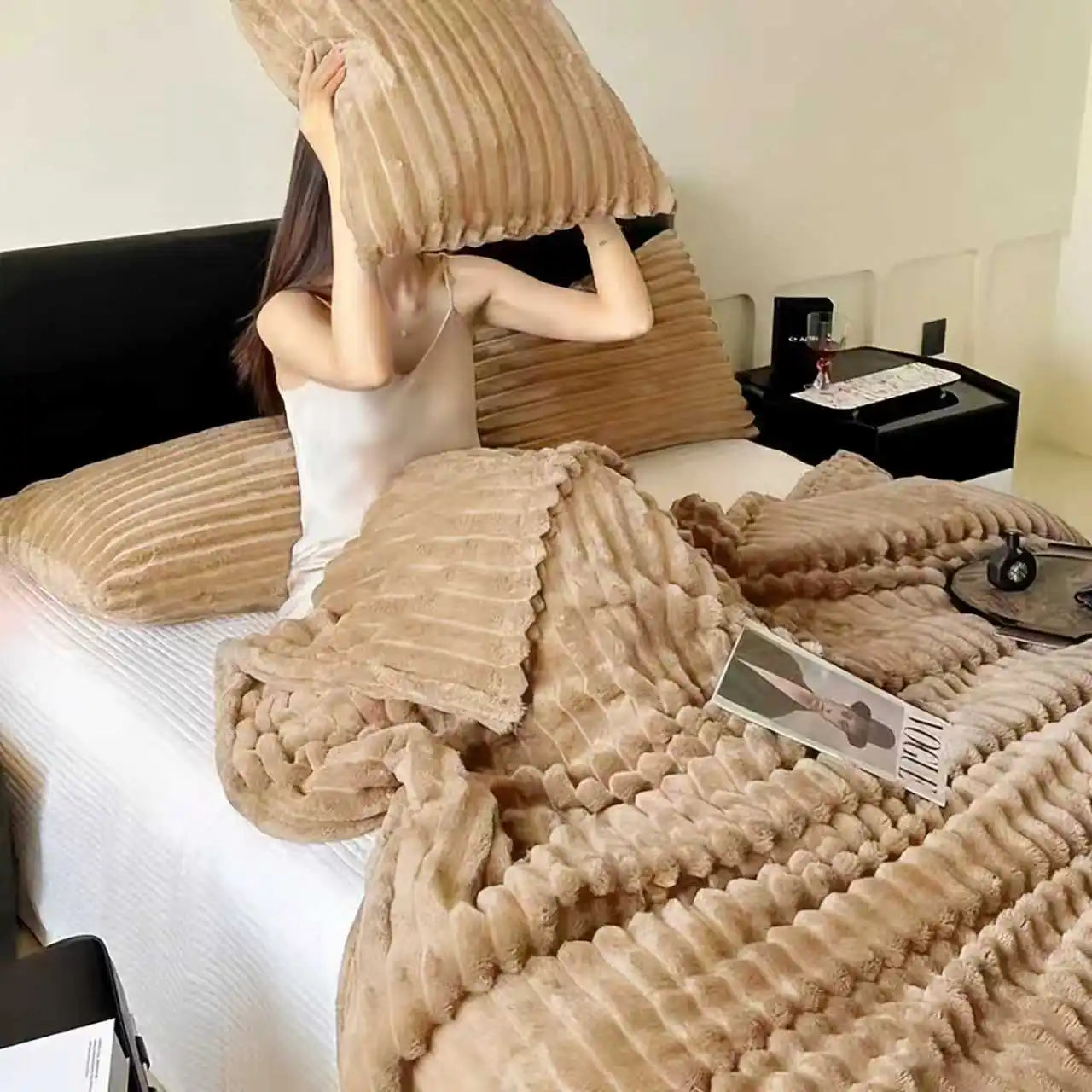 Faux Rabbit Fur Striped Blanket – Soft, Warm & Thick Throw for Bed, Sofa & Travel