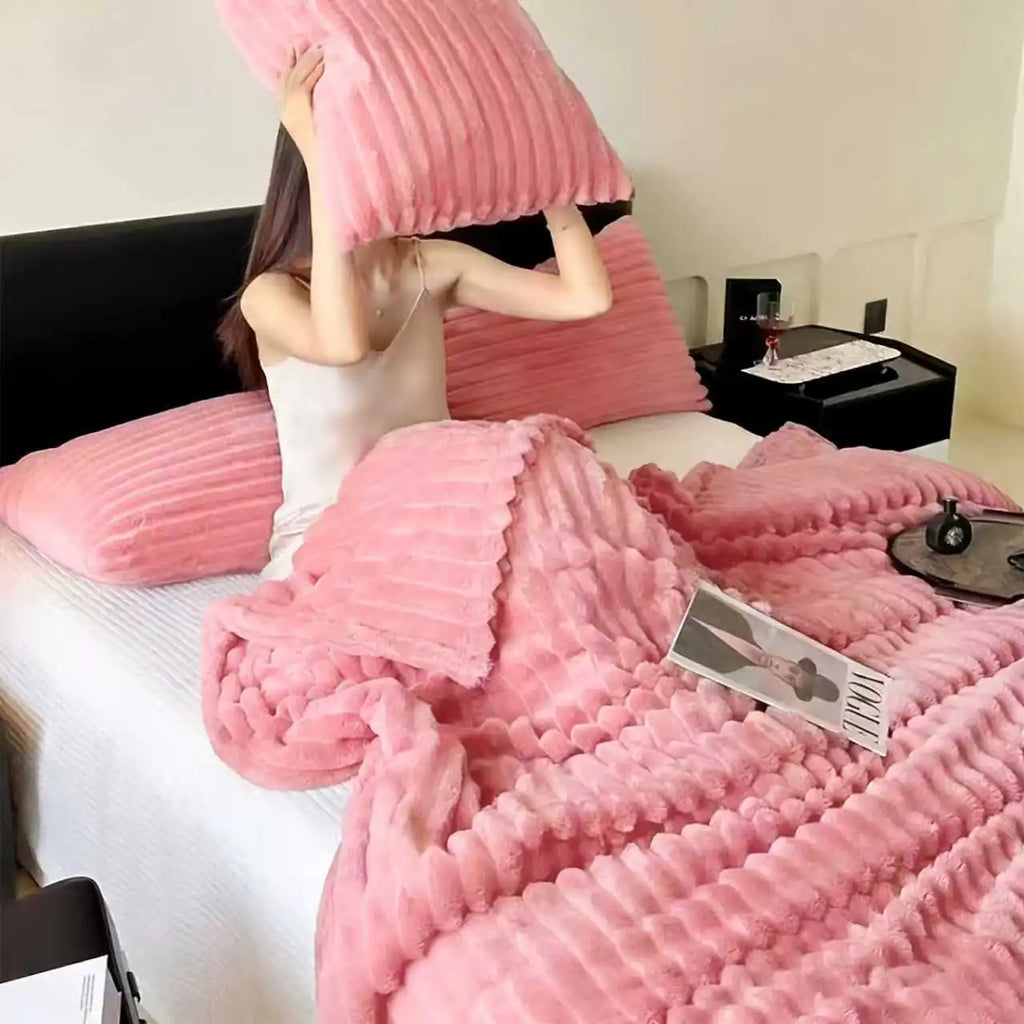 Faux Rabbit Fur Striped Blanket – Soft, Warm & Thick Throw for Bed, Sofa & Travel