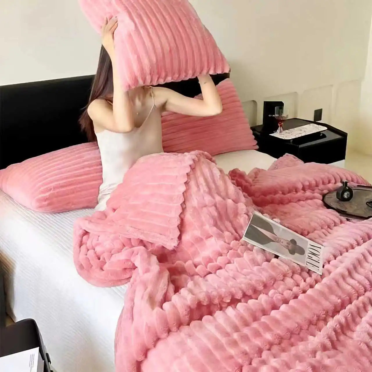 Faux Rabbit Fur Striped Blanket – Soft, Warm & Thick Throw for Bed, Sofa & Travel