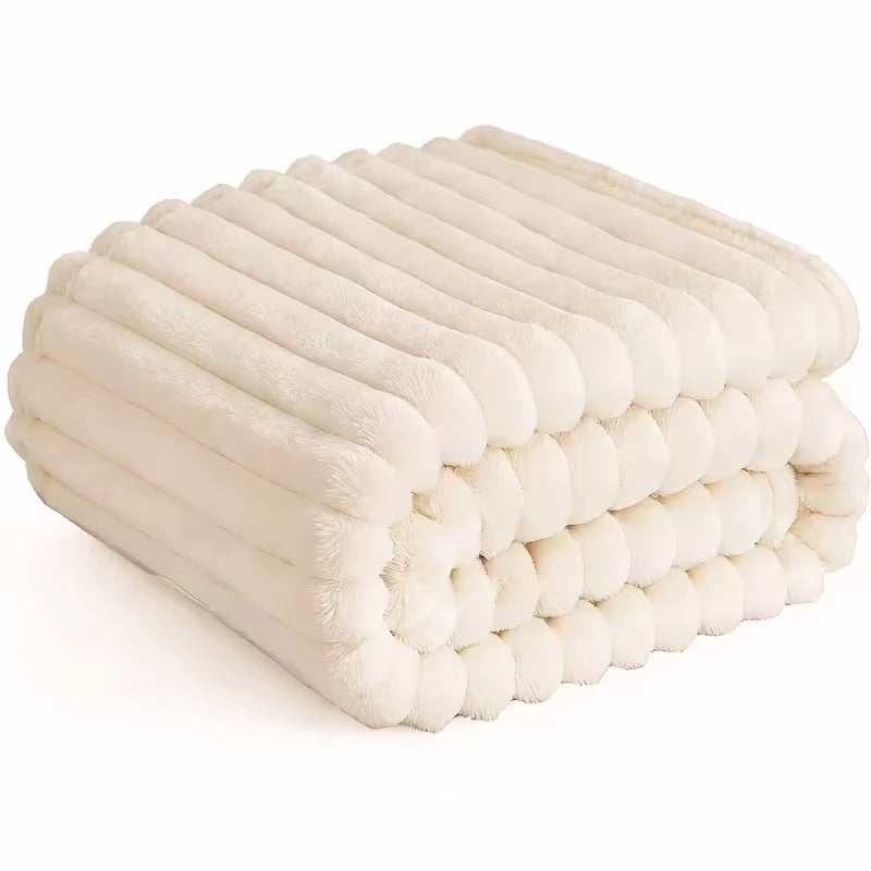 Faux Rabbit Fur Striped Blanket – Soft, Warm & Thick Throw for Bed, Sofa & Travel