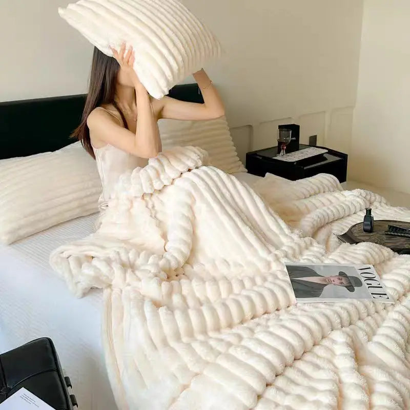 Faux Rabbit Fur Striped Blanket – Soft, Warm & Thick Throw for Bed, Sofa & Travel
