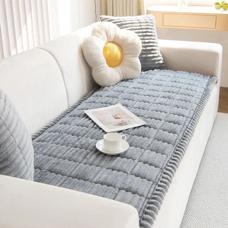 Thickened Flannel Sofa Pad – Warm Quilted Stripe Slipcover for Winter