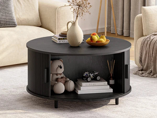 Round Coffee Table with Storage – 31.5" Fluted Wood, 360° Sliding Door