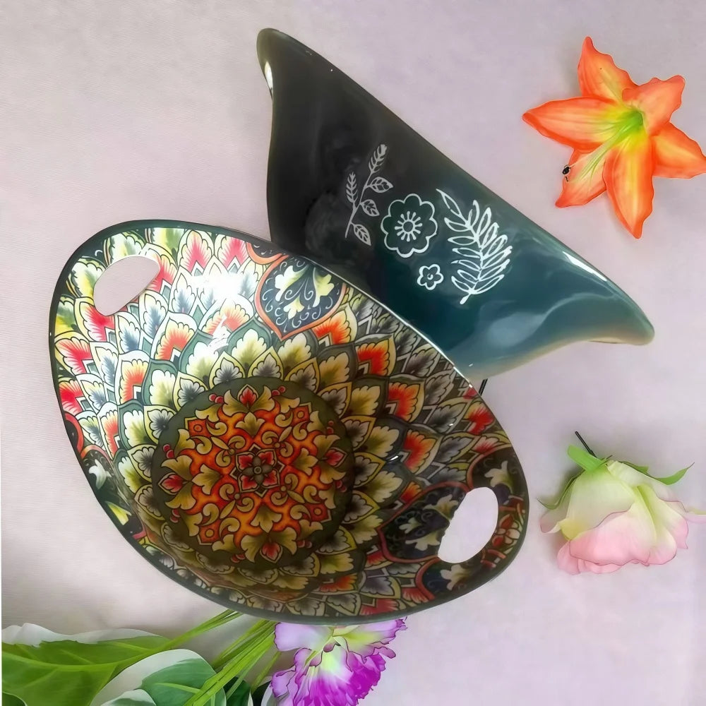 Bohemian Oval Ceramic Salad Bowl with Handle – Microwave Safe, Set of 2