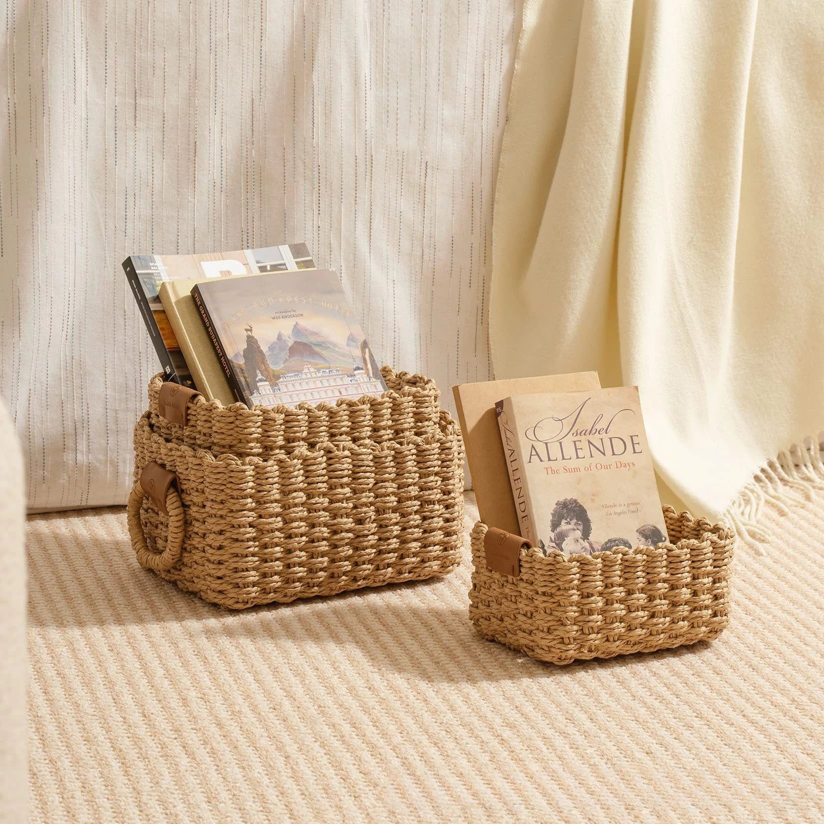 Woven Paper Rope Storage Baskets with Handles – Set of 3 Small Organizer Baskets
