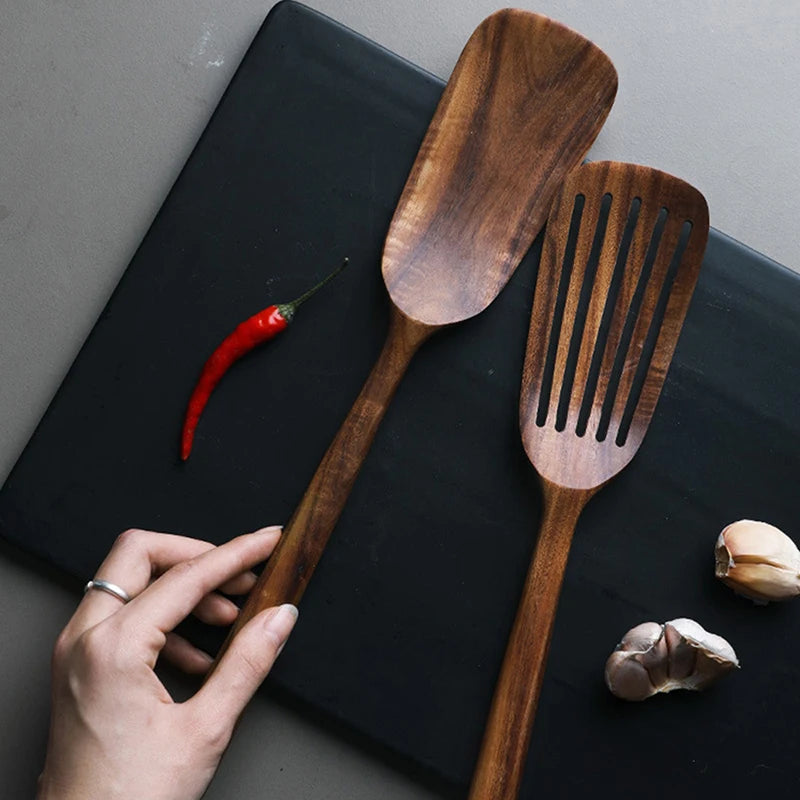 Teak Wood Spatula Set of 2 – Heat-Resistant Slotted Turner for Non-Stick Cookware