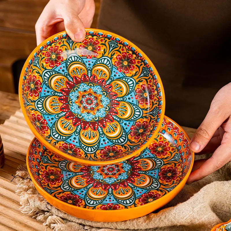 Bohemian Ceramic Rice Bowl with Handle – Soup, Noodle & Sauce Serving Bowl