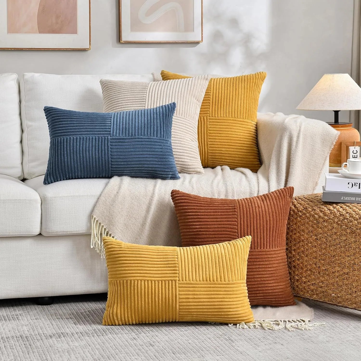 Rust Boho Corduroy Throw Pillow Cover – Farmhouse Patchwork Cushion Cover 18x18"