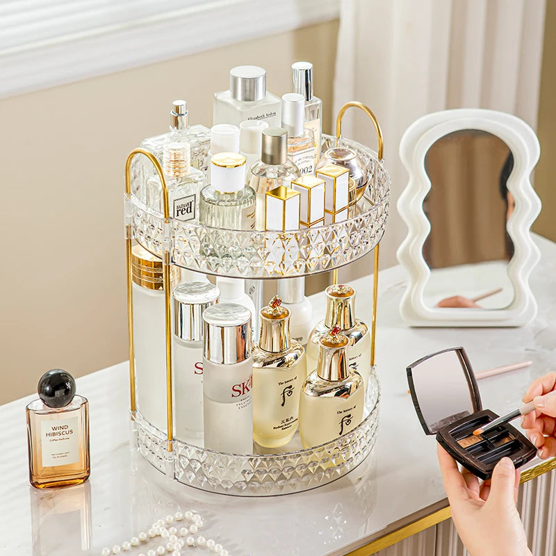 360° Rotating Makeup Organizer – 3-Tier Clear Diamond Vanity Organizer