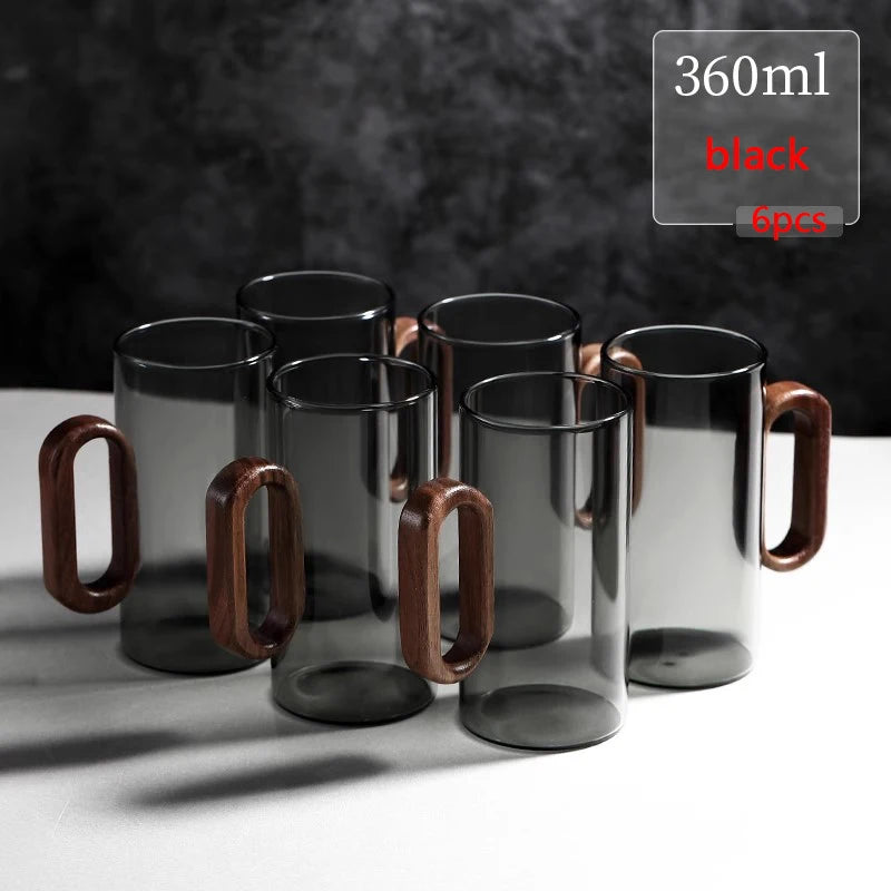 Glass Mug with Walnut Wooden Handle – 360ml Heat-Resistant Borosilicate Teacup