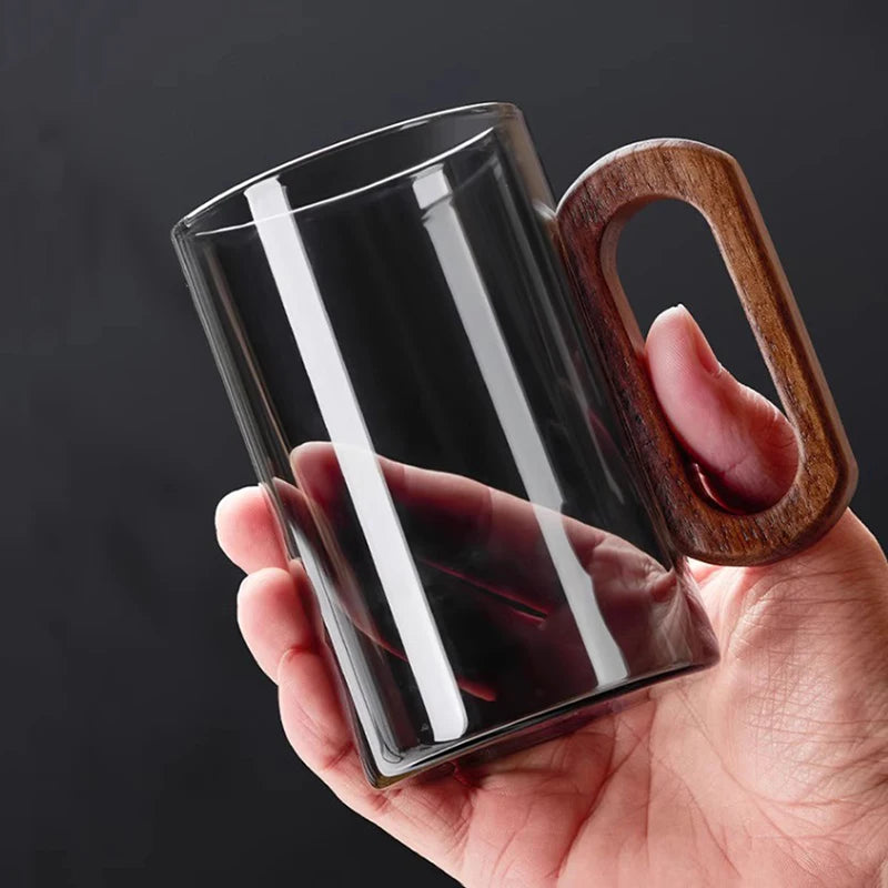 Glass Mug with Walnut Wooden Handle – 360ml Heat-Resistant Borosilicate Teacup
