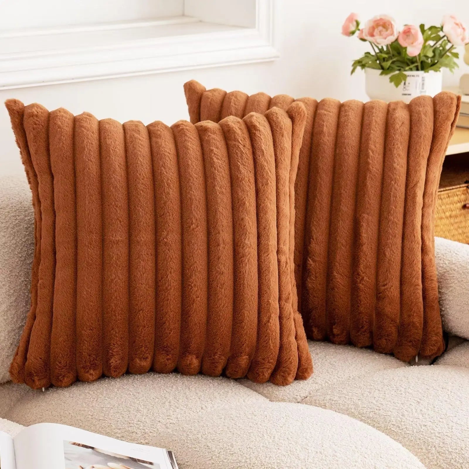 Faux Rabbit Fur Square Cushion Cover – Super Soft Striped Pillow Cover for Sofa