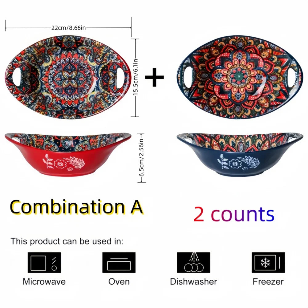 Bohemian Oval Ceramic Salad Bowl with Handle – Microwave Safe, Set of 2