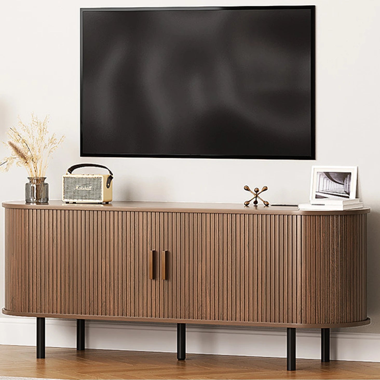 Modern TV Stand with Power Outlet – Sliding Doors, Storage & Adjustable Shelves for 60"/70" TVs