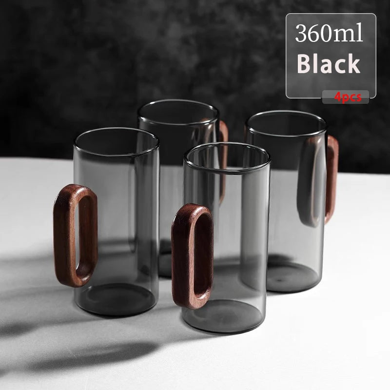 Glass Mug with Walnut Wooden Handle – 360ml Heat-Resistant Borosilicate Teacup