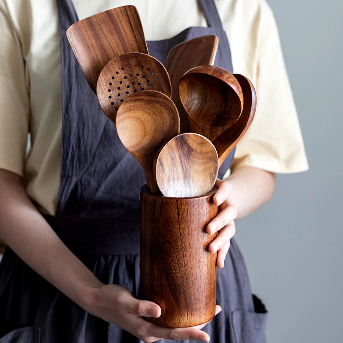 Wooden Kitchen Cooking Utensil Set – Spatula, Spoon, Fork & Storage Bucket
