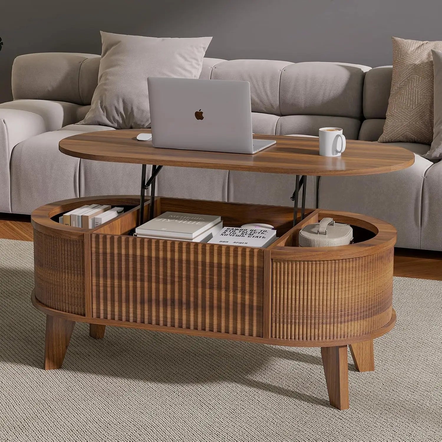 Fluted Lift Top Coffee Table with Storage – Modern Oval, Walnut