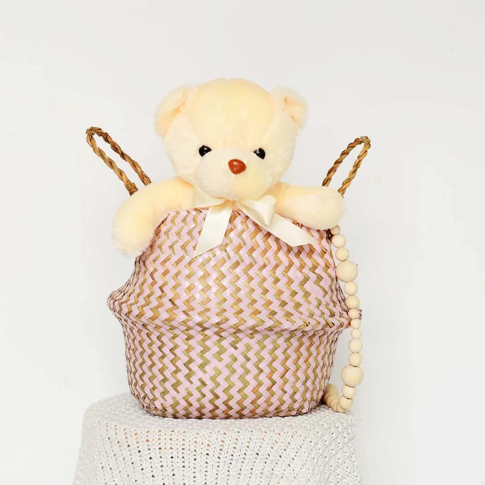 Boho Striped Wicker Storage Basket – Collapsible Laundry & Flower Pot Basket