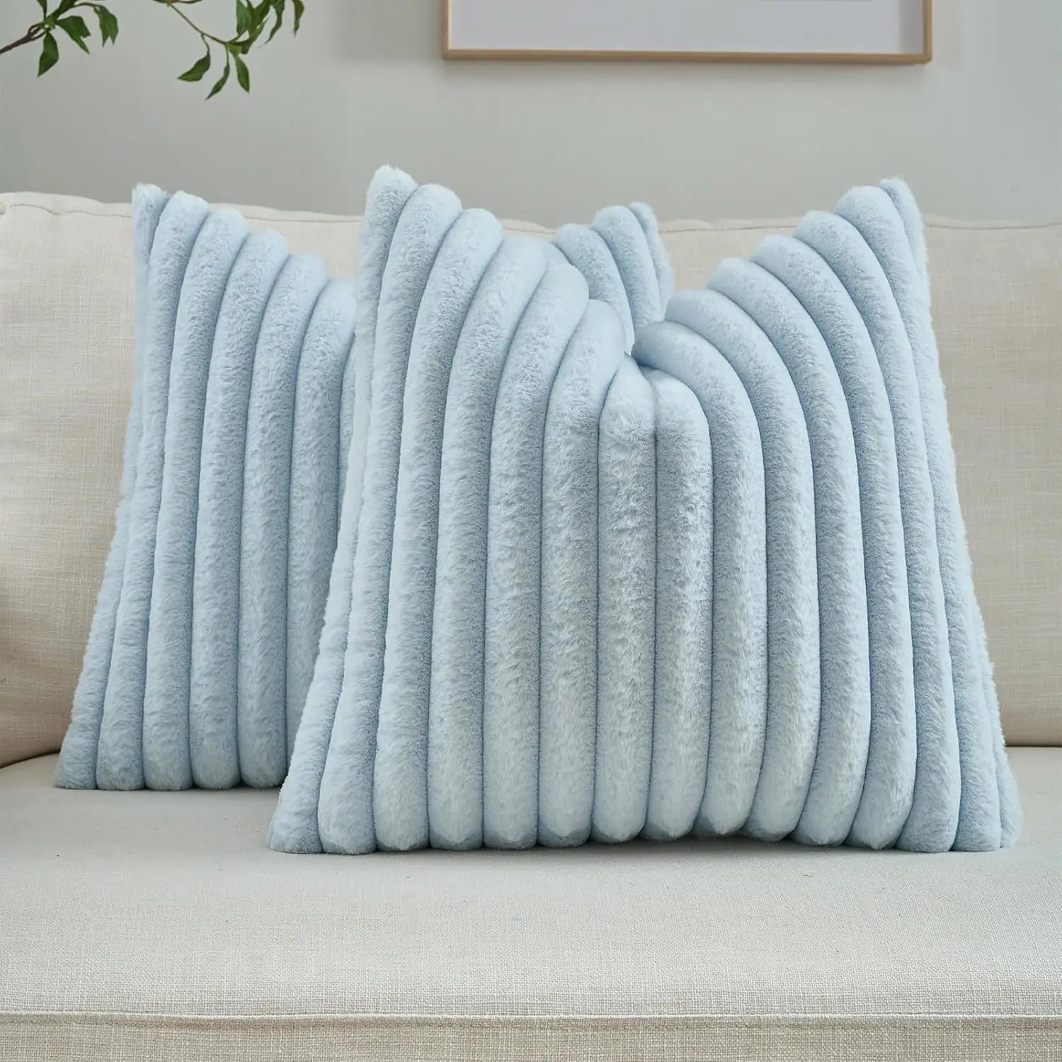 Faux Rabbit Fur Square Cushion Cover – Super Soft Striped Pillow Cover for Sofa