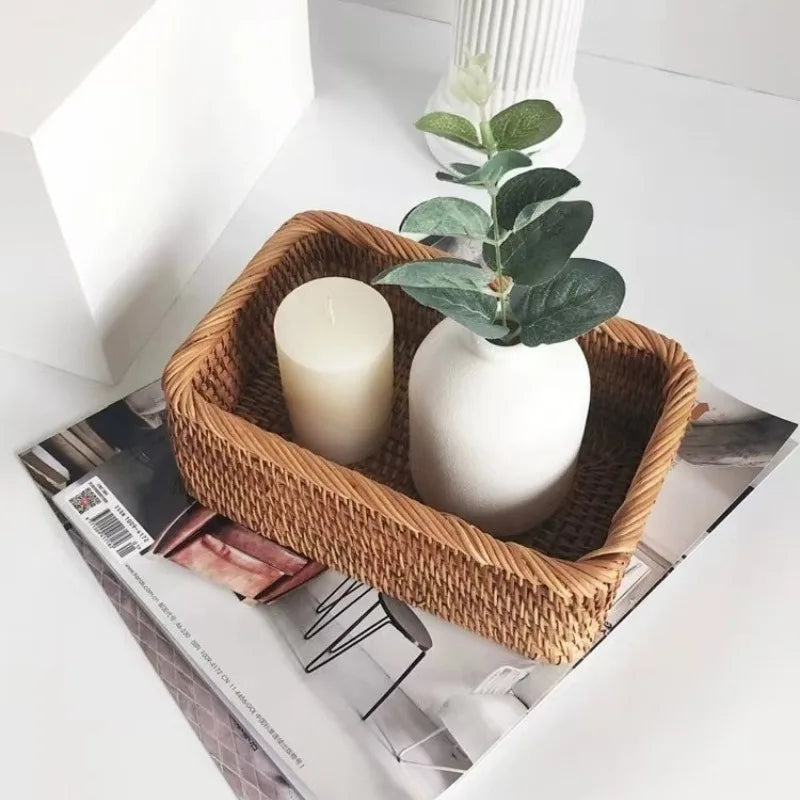 Handmade Rattan Nesting Baskets – Set of 3 Rectangular Wicker Storage Baskets