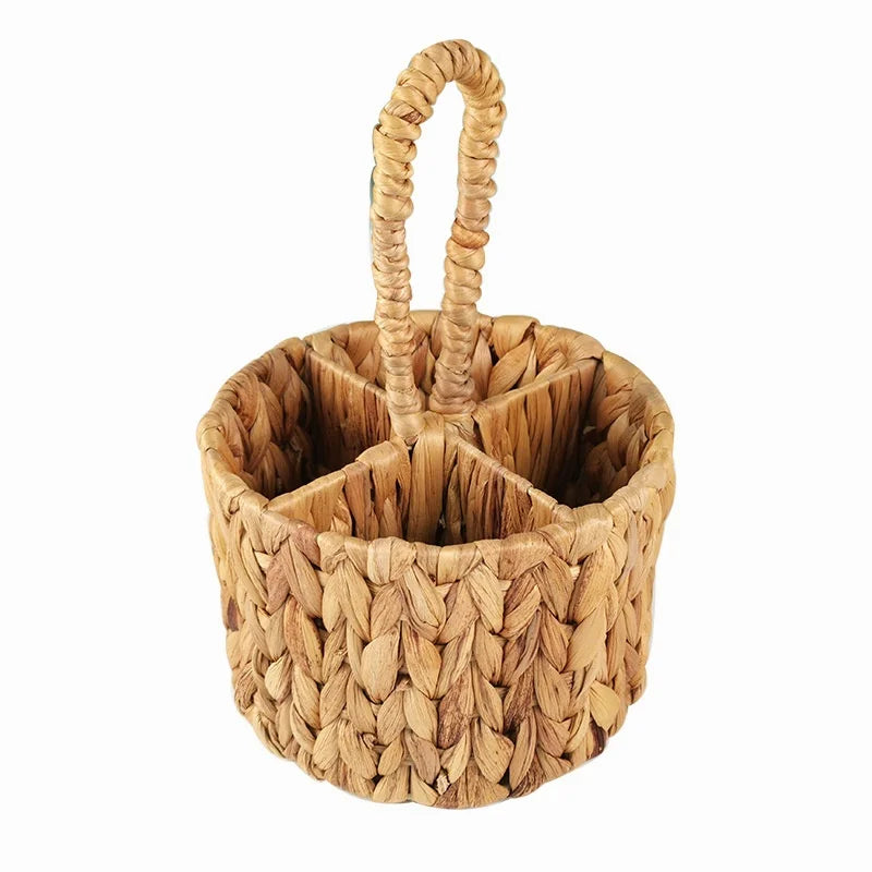 Handwoven Rattan Cutlery Holder – Round Wicker Flatware & Utensil Organizer