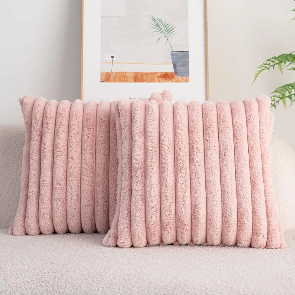 Faux Rabbit Fur Square Cushion Cover – Super Soft Striped Pillow Cover for Sofa