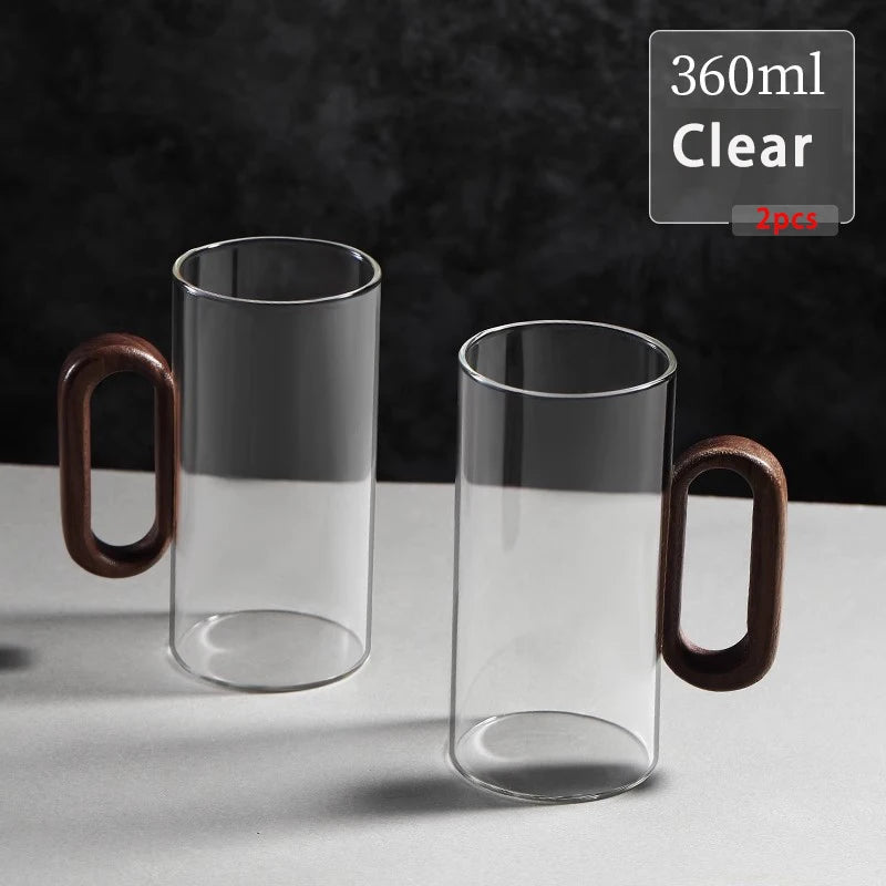 Glass Mug with Walnut Wooden Handle – 360ml Heat-Resistant Borosilicate Teacup