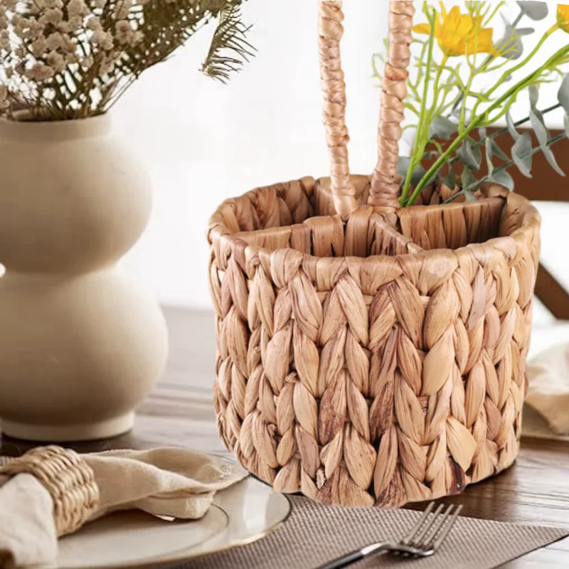 Handwoven Rattan Cutlery Holder – Round Wicker Flatware & Utensil Organizer