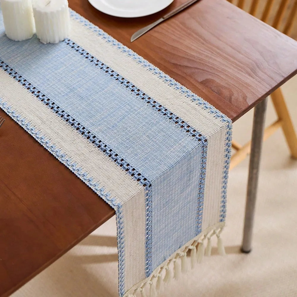 Nordic Boho Striped Table Runner – Hand-Woven with Tassels for Spring & Rustic Decor