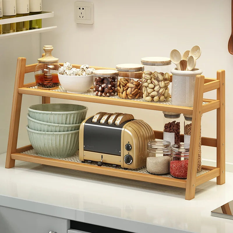 2-Layer Bamboo Kitchen Shelf – Spice Rack, Counter Organizer & Coffee Bar Stand