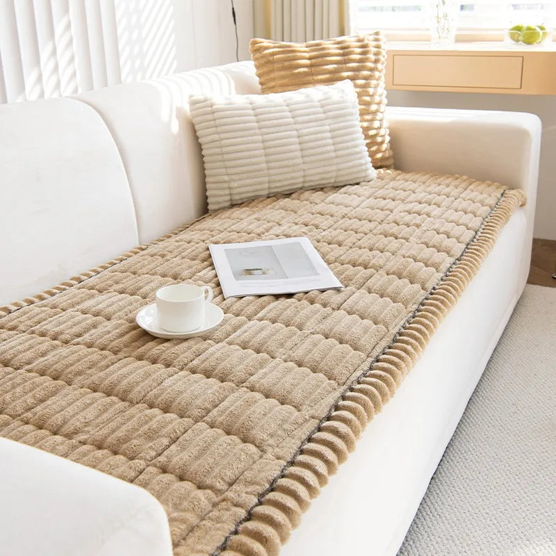 Thickened Flannel Sofa Pad – Warm Quilted Stripe Slipcover for Winter