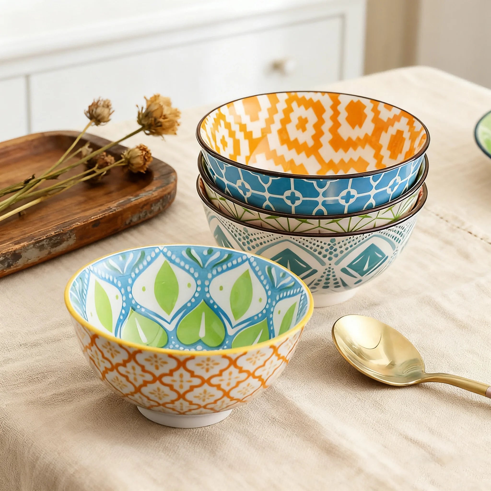 4-Piece Bohemian Ceramic Bowl Set – Dishwasher & Microwave Safe Salad, Soup & Snack Bowls