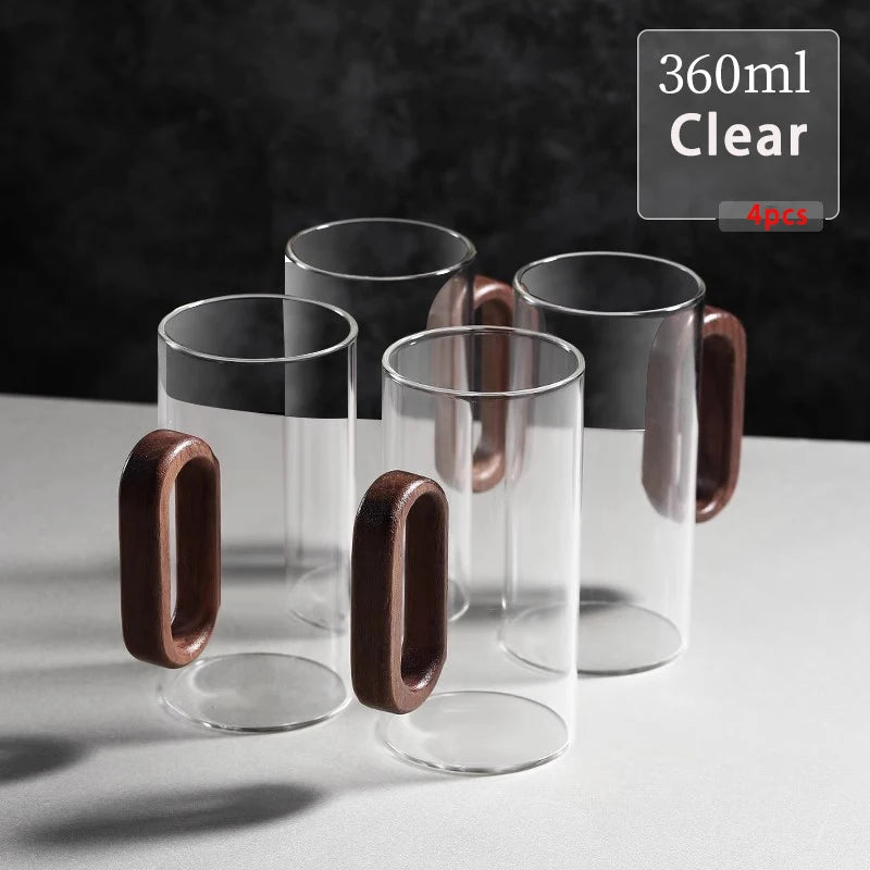 Glass Mug with Walnut Wooden Handle – 360ml Heat-Resistant Borosilicate Teacup