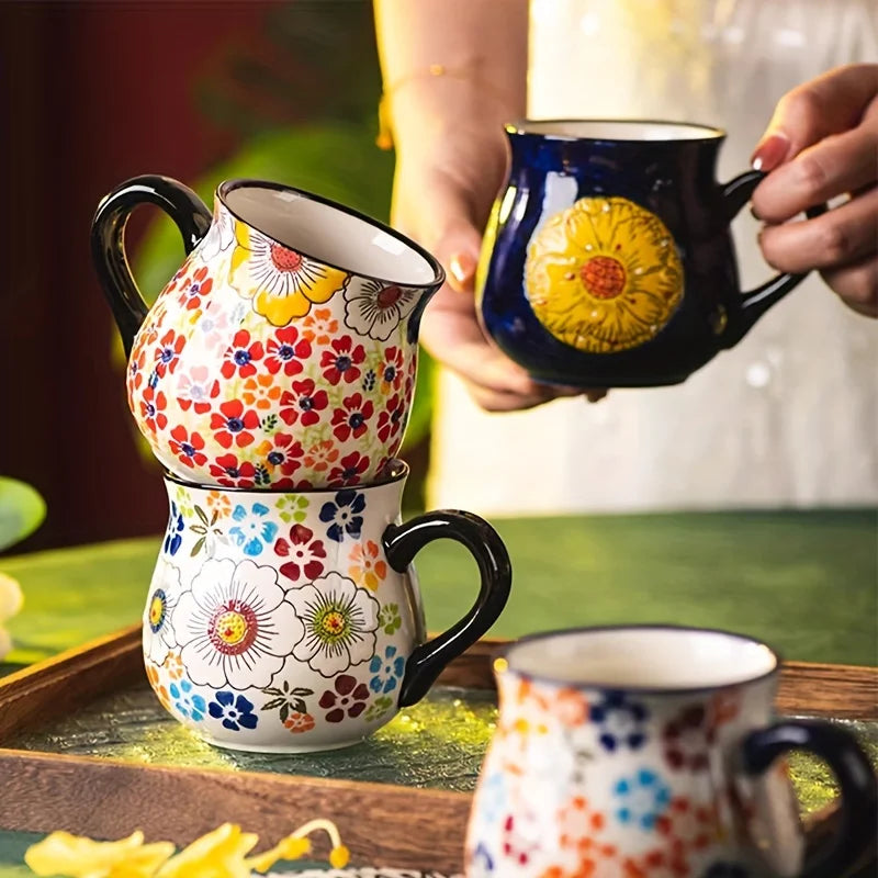 Hand-Painted Floral Ceramic Mug – Wide-Mouth Polish Pottery Style Coffee & Tea Mug
