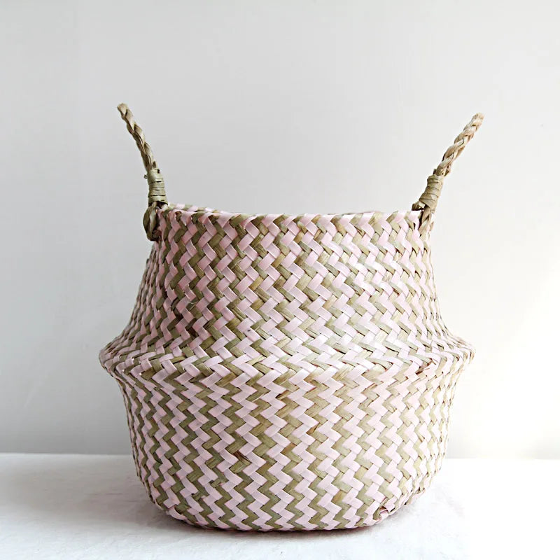 Boho Striped Wicker Storage Basket – Collapsible Laundry & Flower Pot Basket