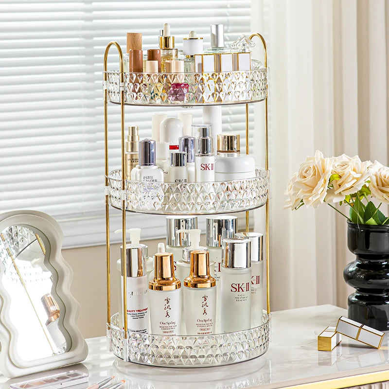 360° Rotating Makeup Organizer – 3-Tier Clear Diamond Vanity Organizer