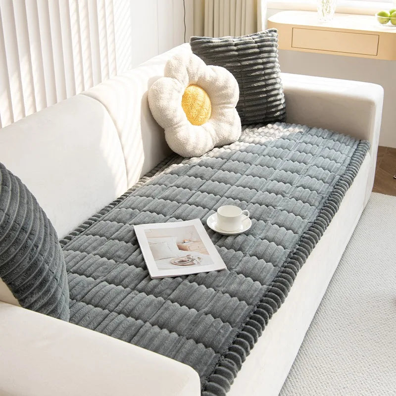 Thickened Flannel Sofa Pad – Warm Quilted Stripe Slipcover for Winter