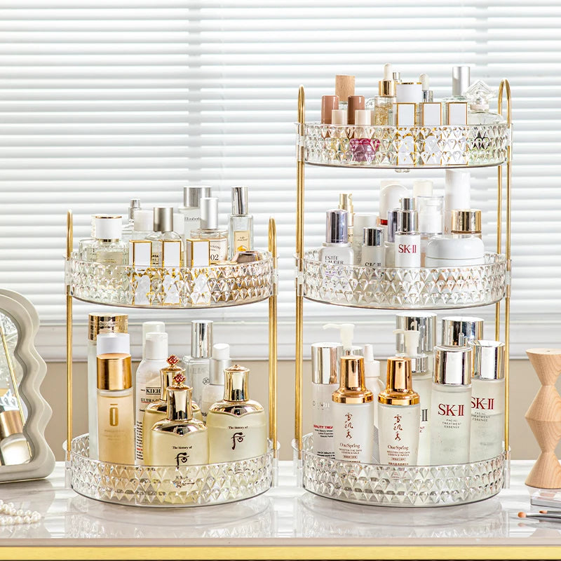 360° Rotating Makeup Organizer – 3-Tier Clear Diamond Vanity Organizer