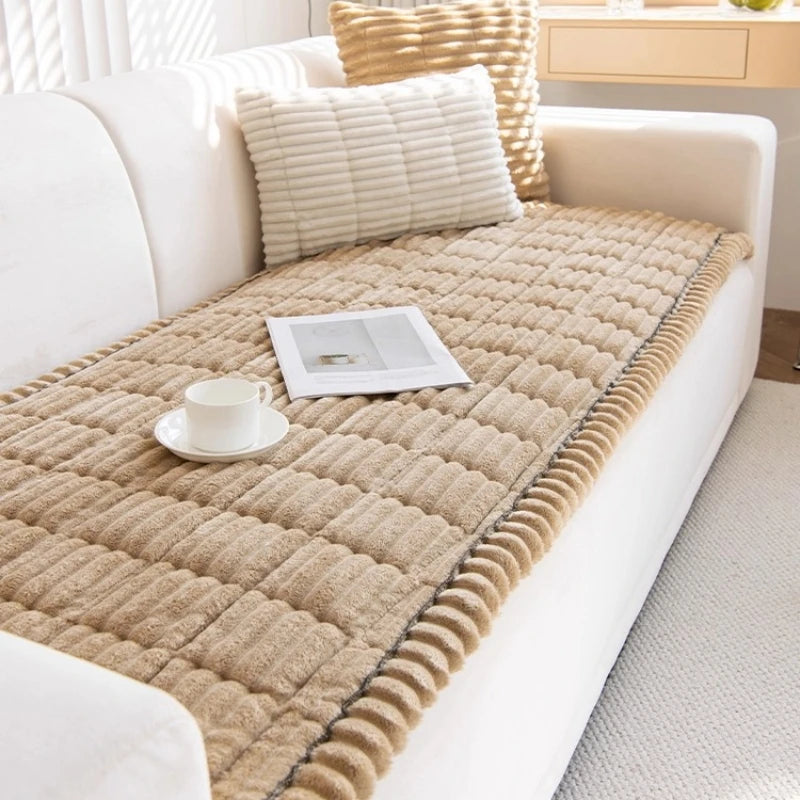 Thickened Flannel Sofa Pad – Warm Quilted Stripe Slipcover for Winter
