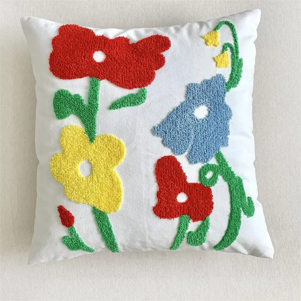 Embroidered Floral Pillow Cover – Nordic Style Cotton Mesh Cushion Cover