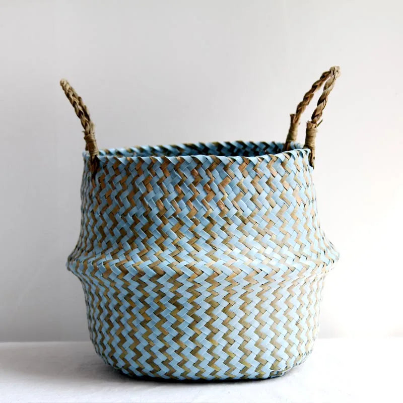 Boho Striped Wicker Storage Basket – Collapsible Laundry & Flower Pot Basket