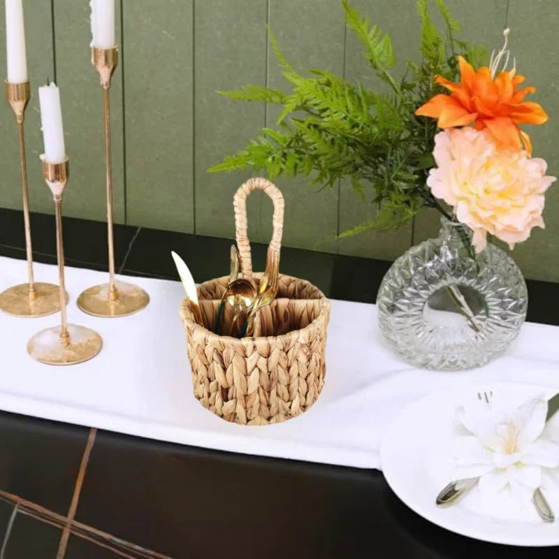 Handwoven Rattan Cutlery Holder – Round Wicker Flatware & Utensil Organizer