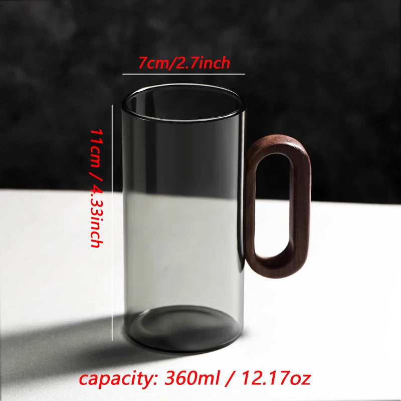 Glass Mug with Walnut Wooden Handle – 360ml Heat-Resistant Borosilicate Teacup
