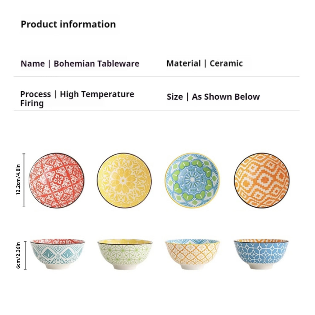 4-Piece Bohemian Ceramic Bowl Set – Dishwasher & Microwave Safe Salad, Soup & Snack Bowls