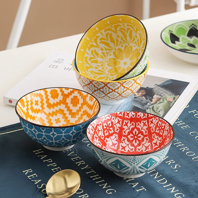 4-Piece Bohemian Ceramic Bowl Set – Dishwasher & Microwave Safe Salad, Soup & Snack Bowls