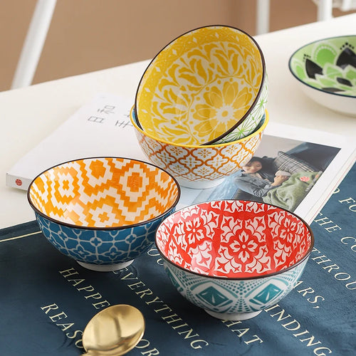 4-Piece Bohemian Ceramic Bowl Set – Dishwasher & Microwave Safe Salad, Soup & Snack Bowls