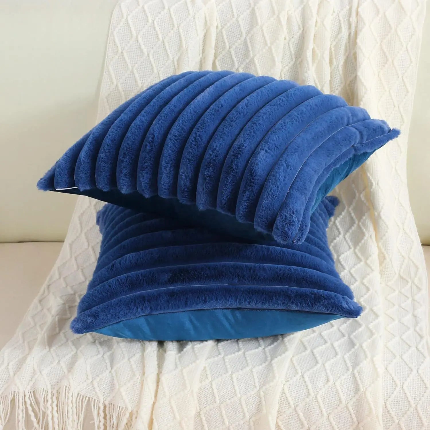 Faux Rabbit Fur Square Cushion Cover – Super Soft Striped Pillow Cover for Sofa