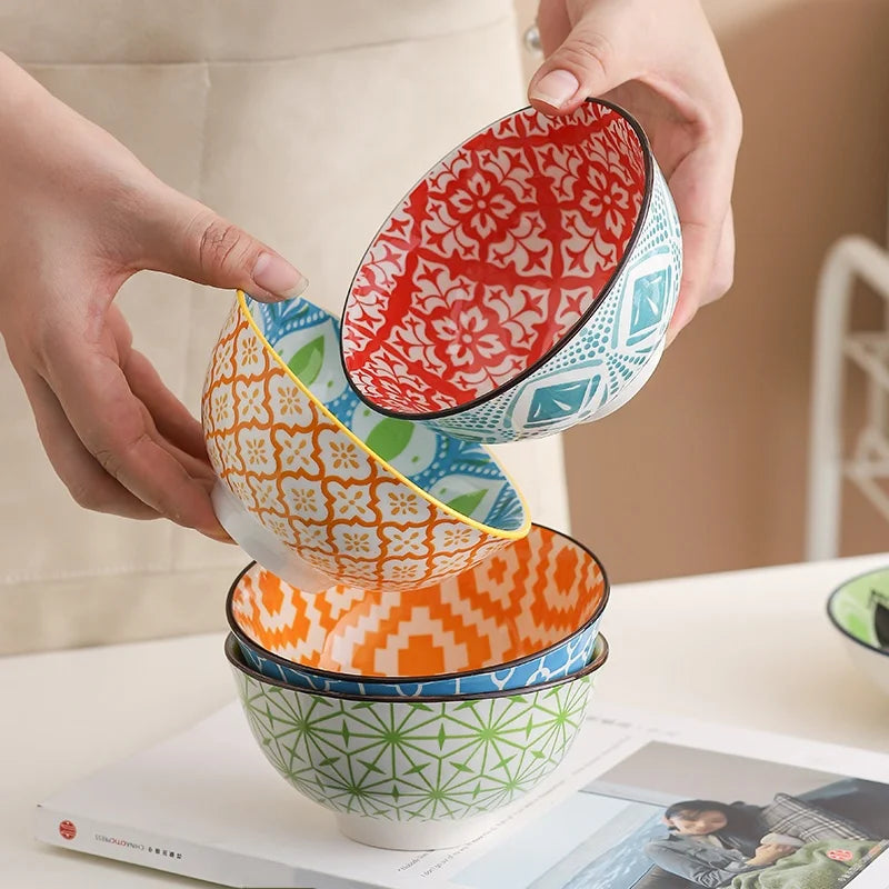 4-Piece Bohemian Ceramic Bowl Set – Dishwasher & Microwave Safe Salad, Soup & Snack Bowls