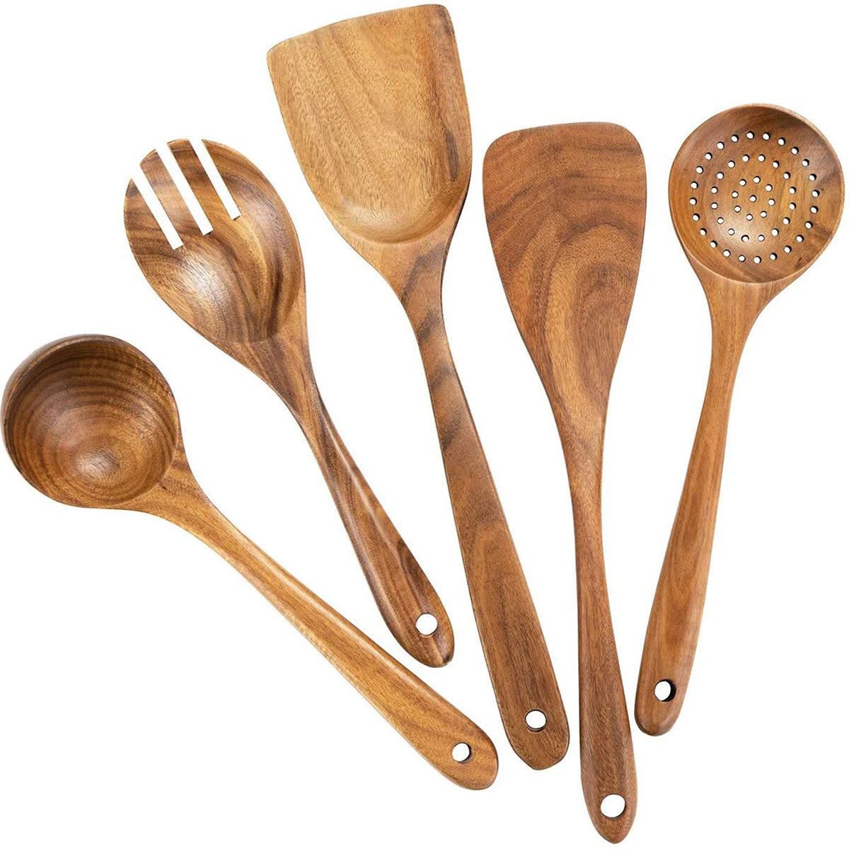 Wooden Kitchen Cooking Utensil Set – Spatula, Spoon, Fork & Storage Bucket